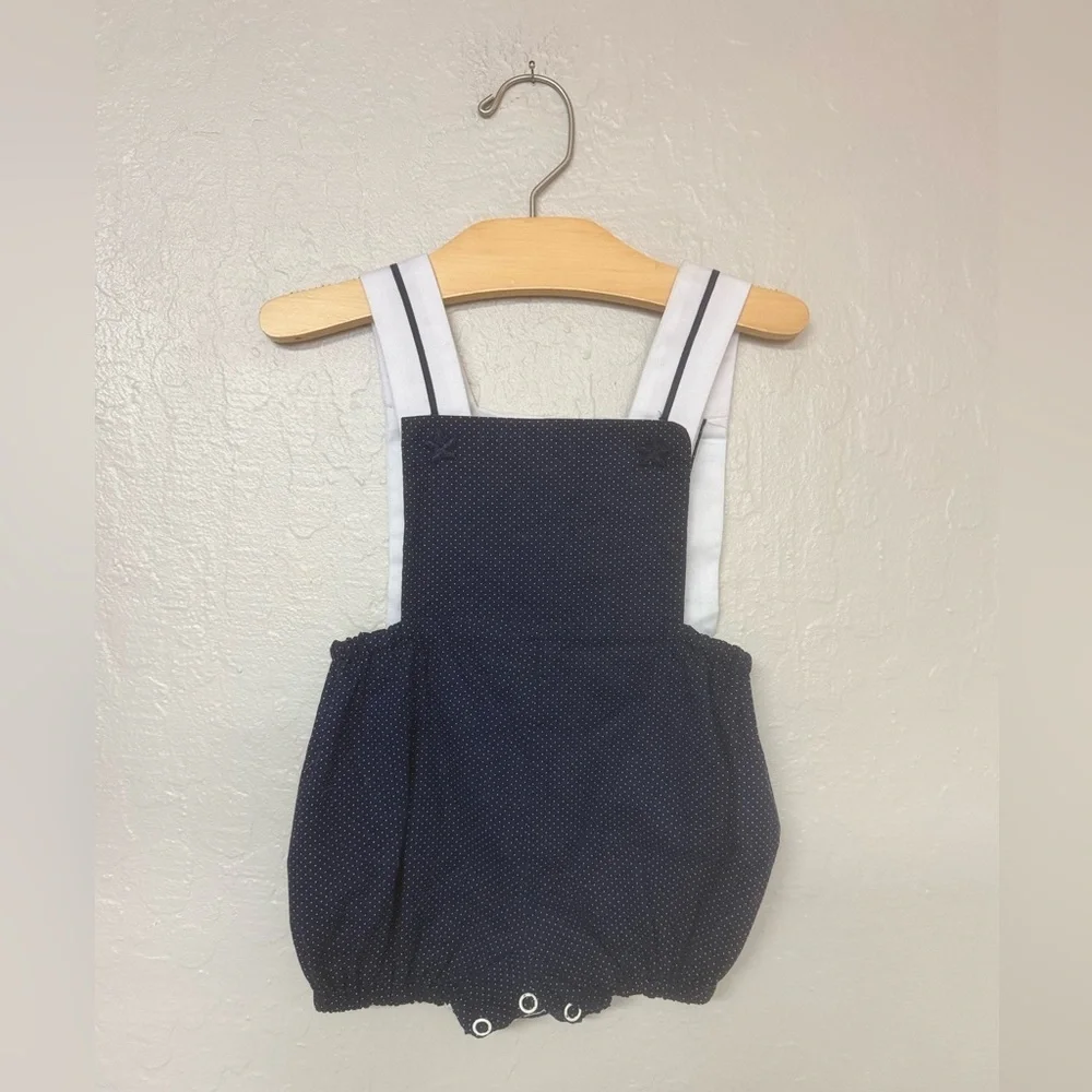 Classic Navy Polka Bubble Romper with White Straps - Kids Casual Dress